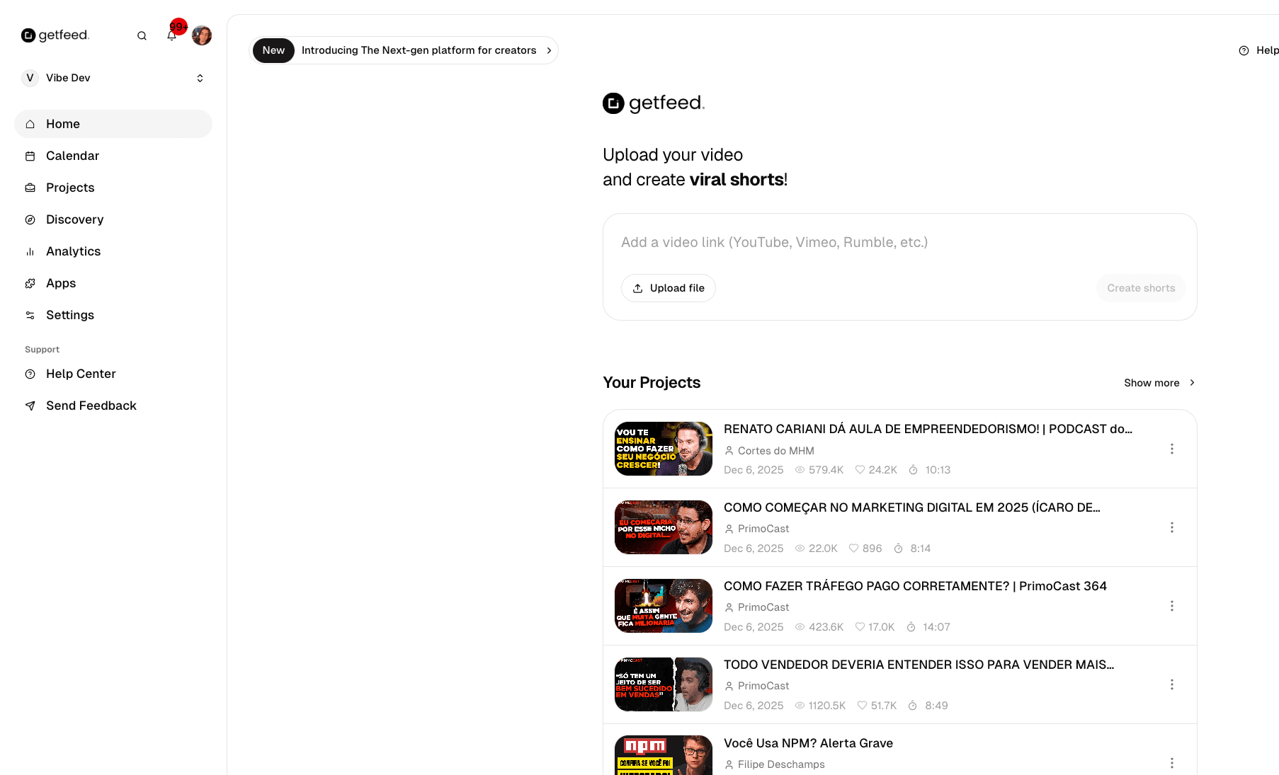 GetFeed Dashboard with upload section