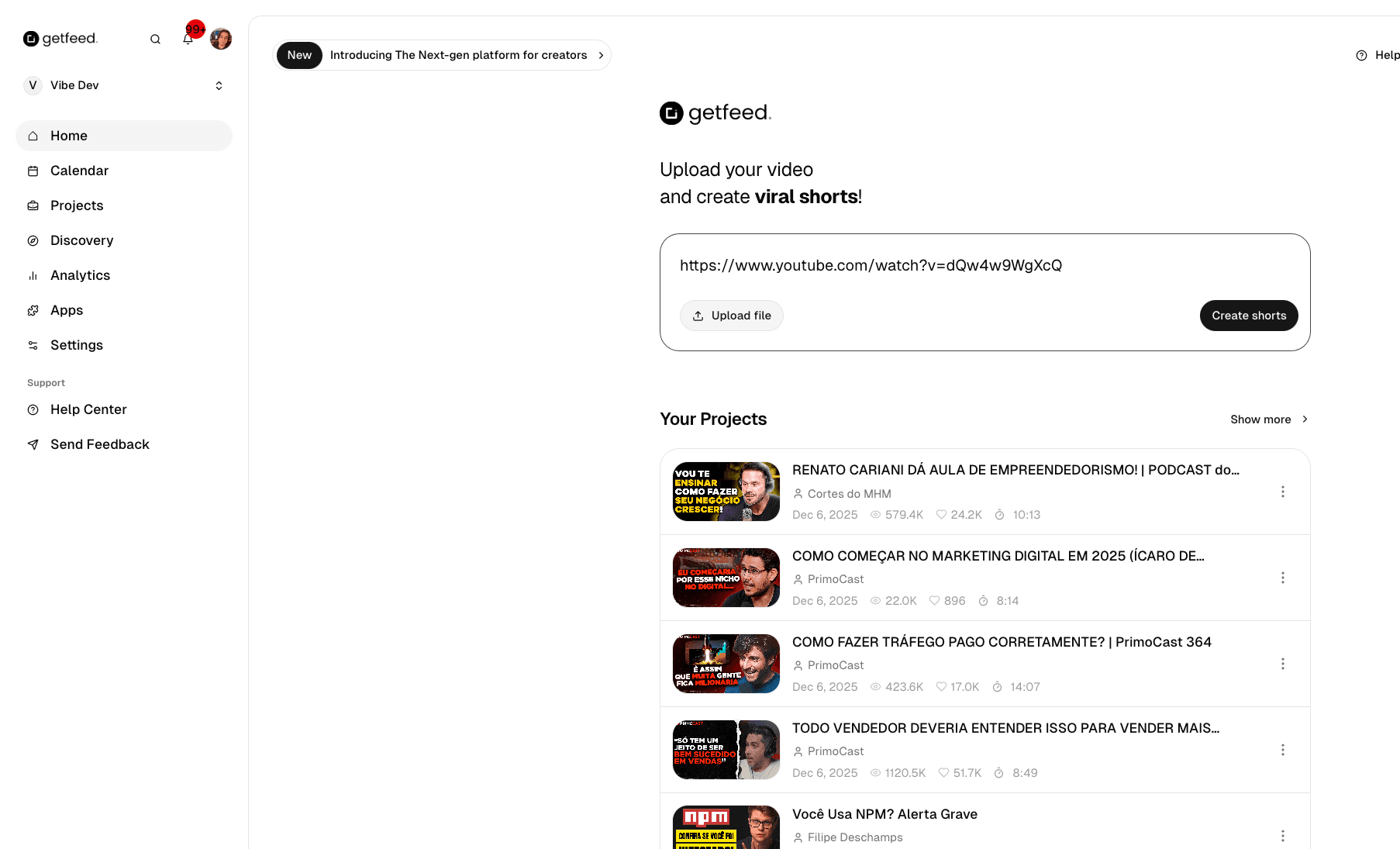 URL input field with a YouTube link