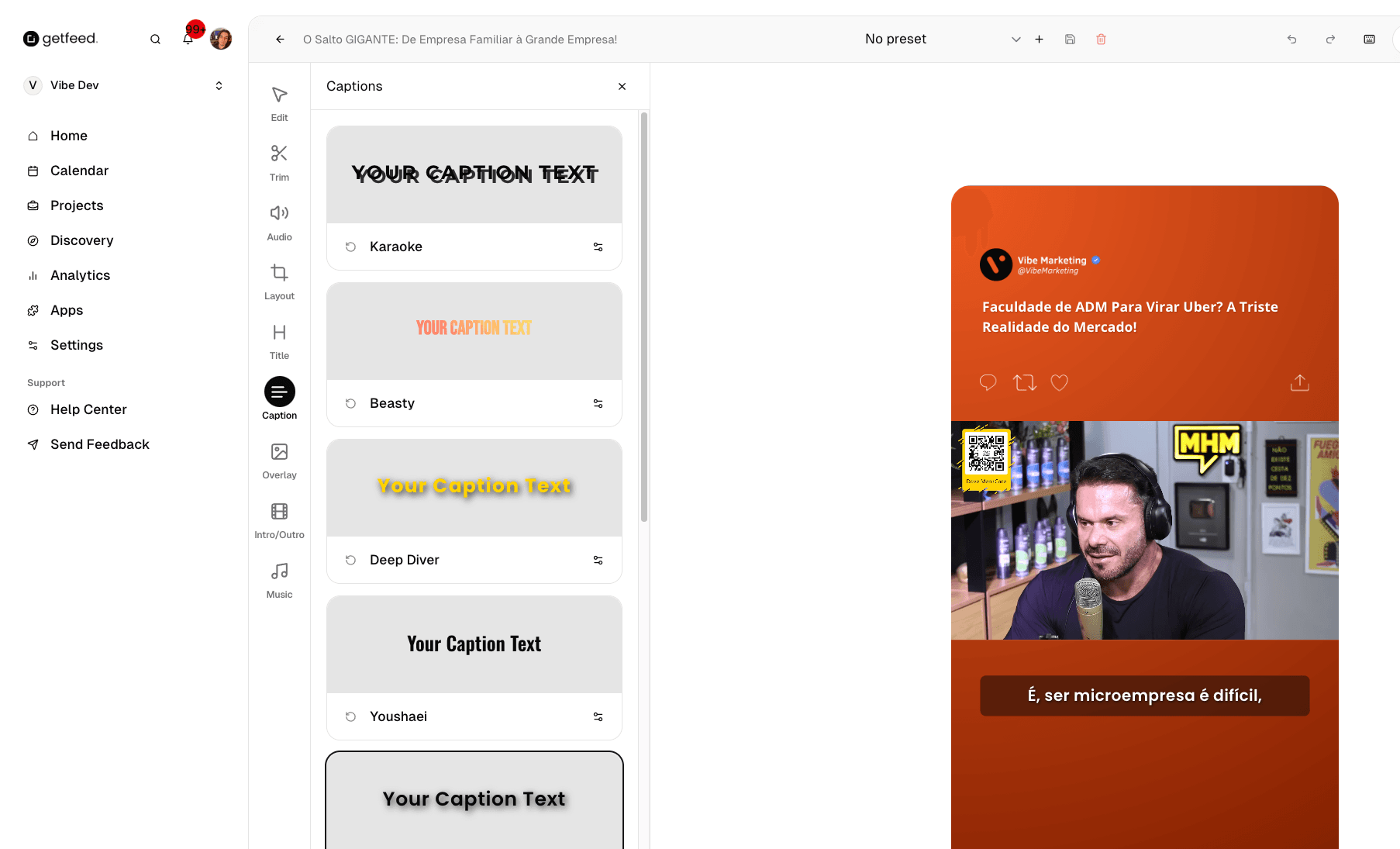 Caption styles available in the editor