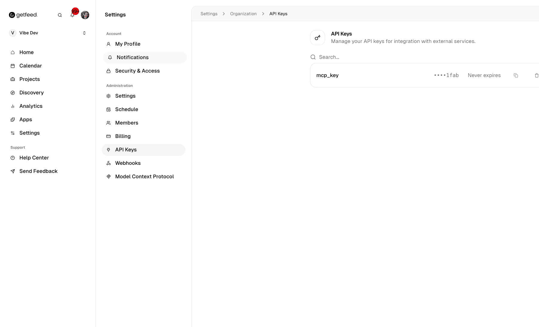 API Keys page showing key management interface