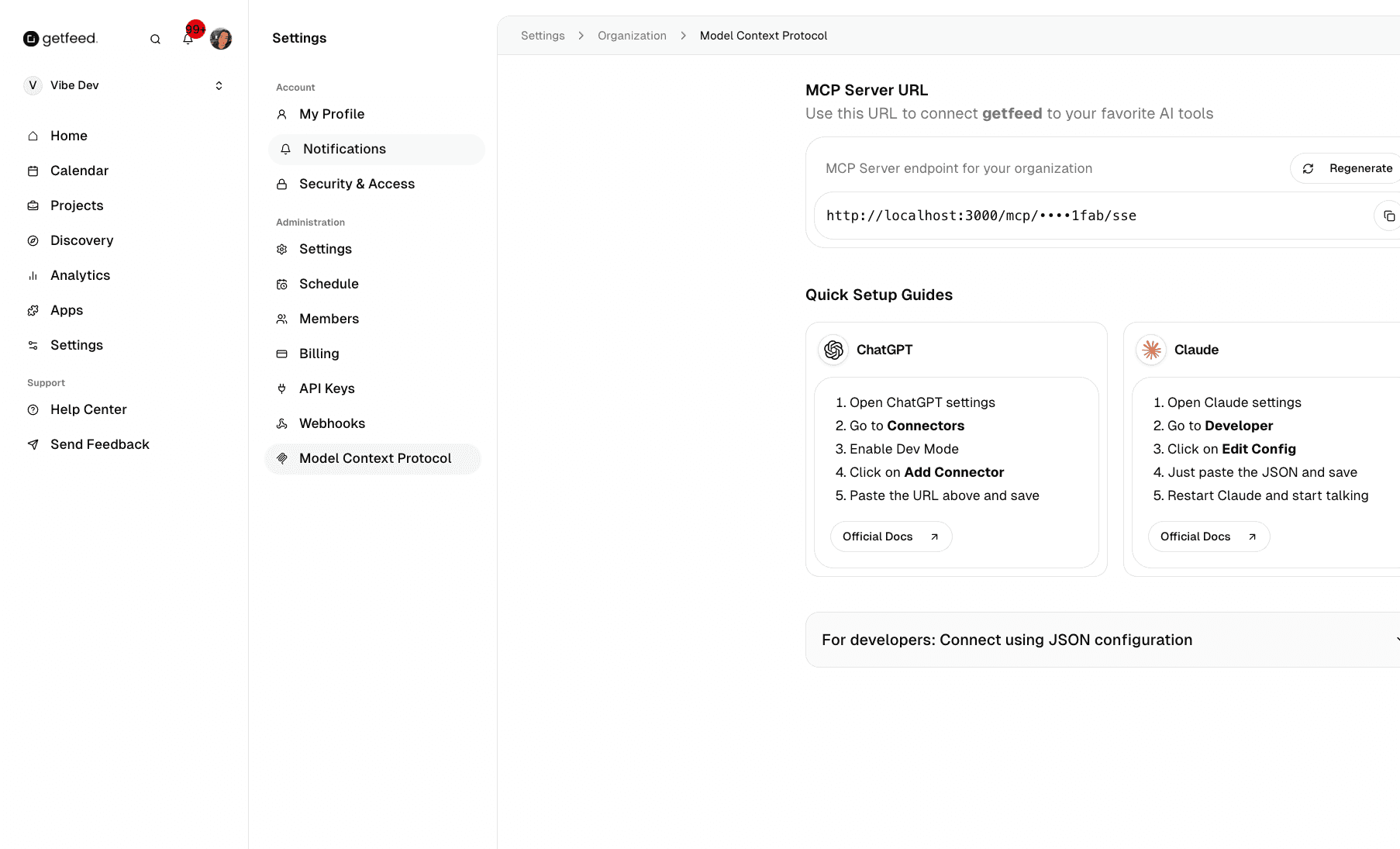 MCP Settings page showing server URL and setup guides