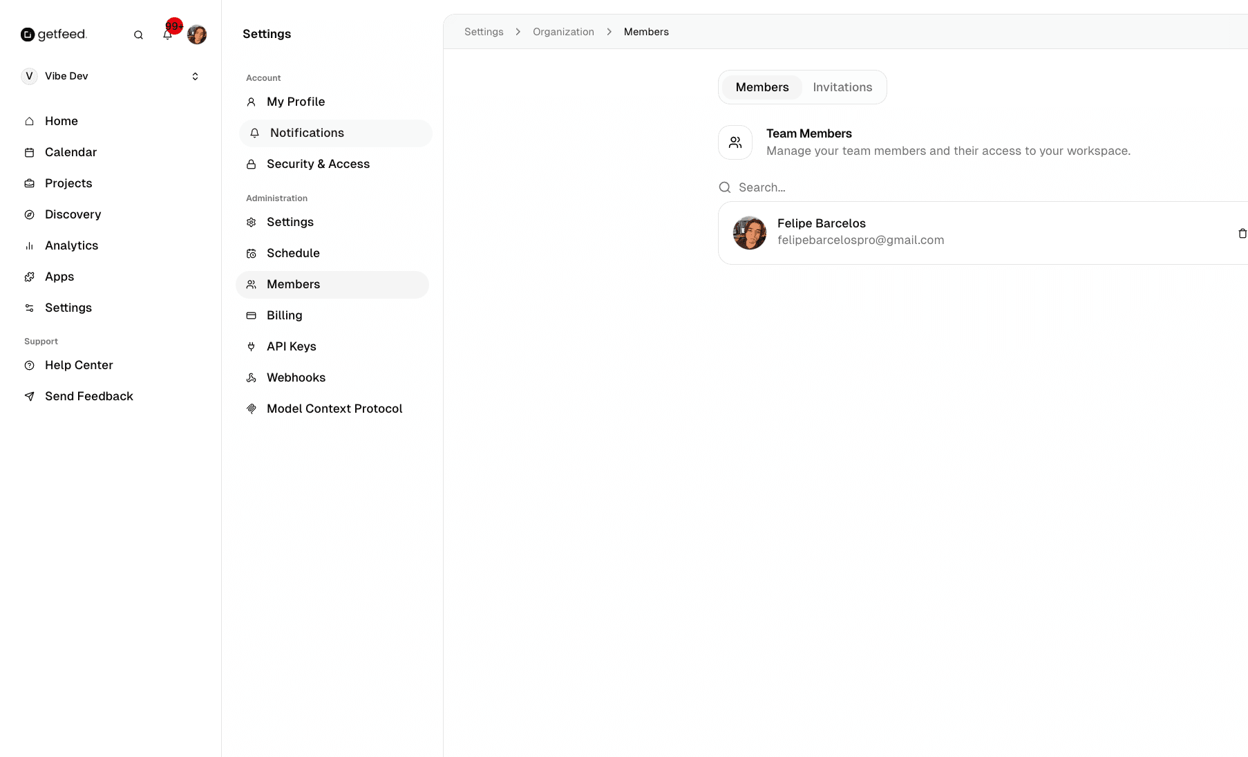 Organization Members page showing team members and management options