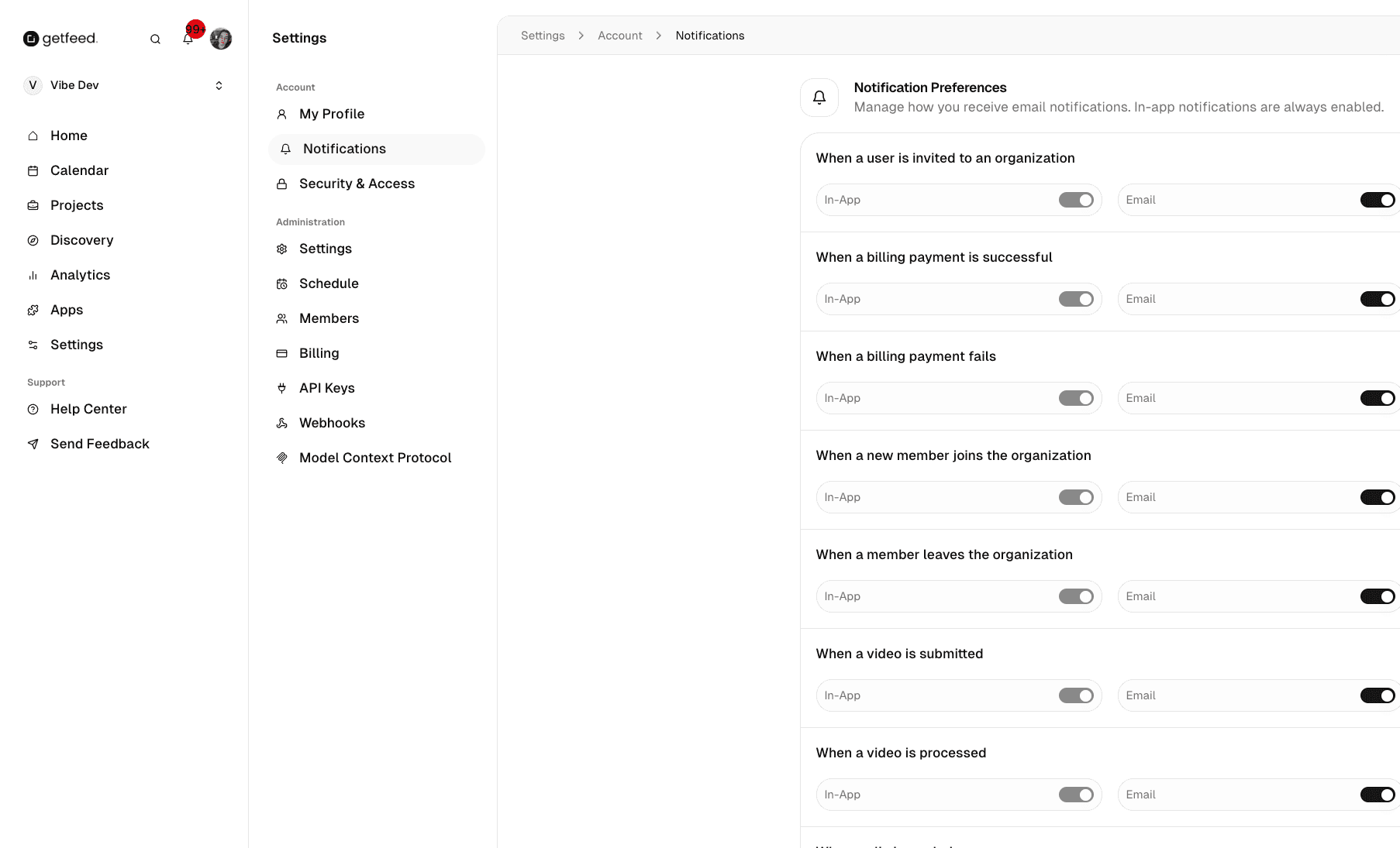 Notifications page showing notification preferences