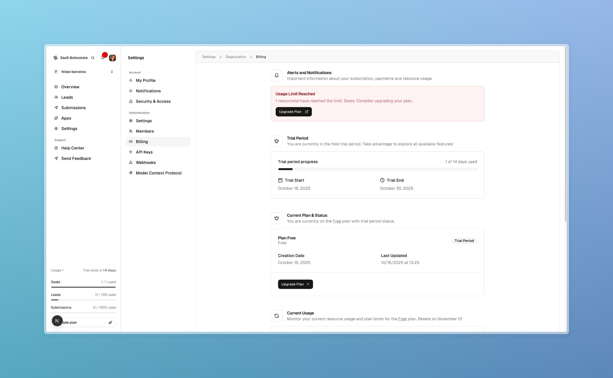 Billing page showing subscription details, usage monitoring, and plan management options.