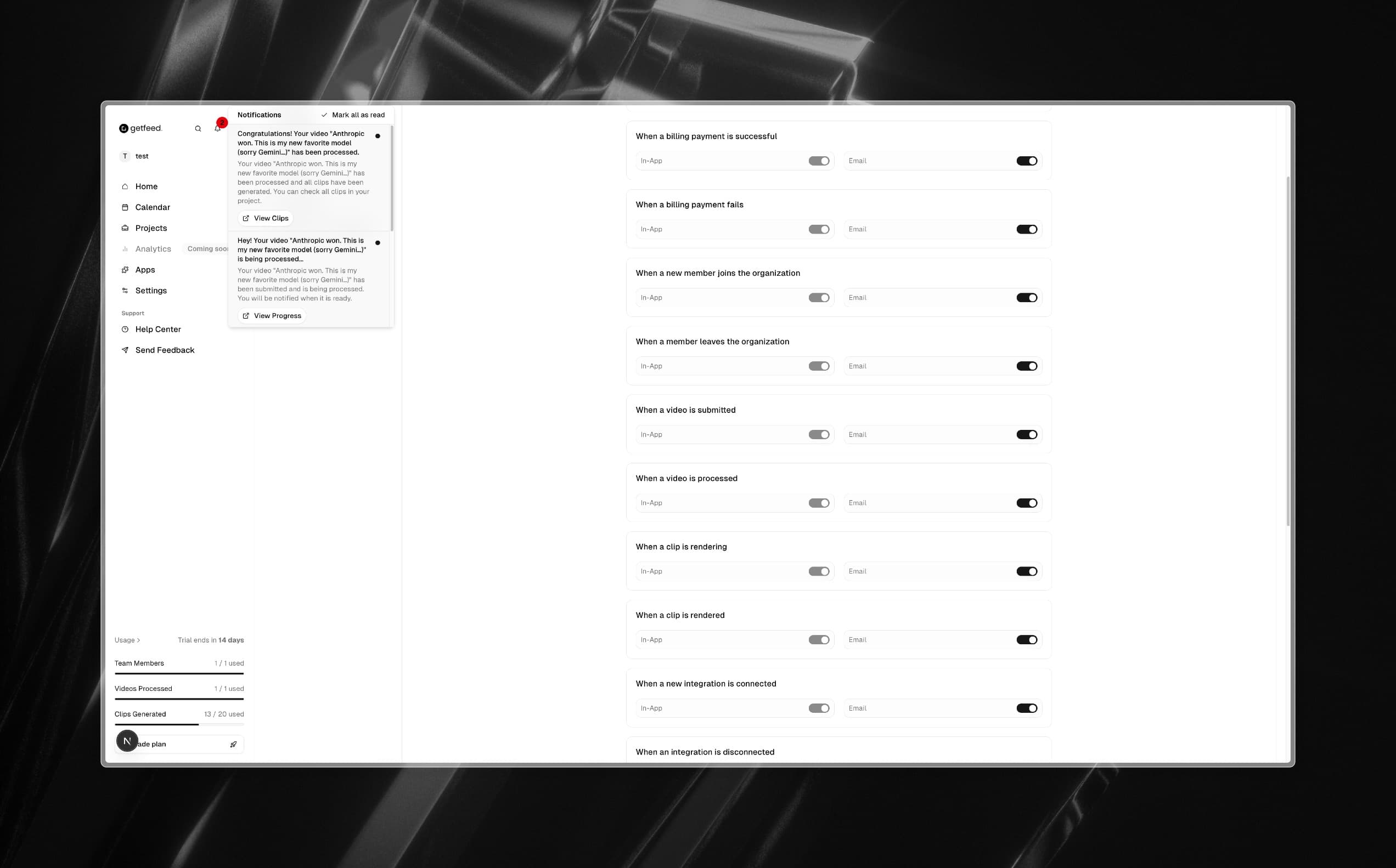 Notifications page showing notification preferences for transactional and marketing communications.