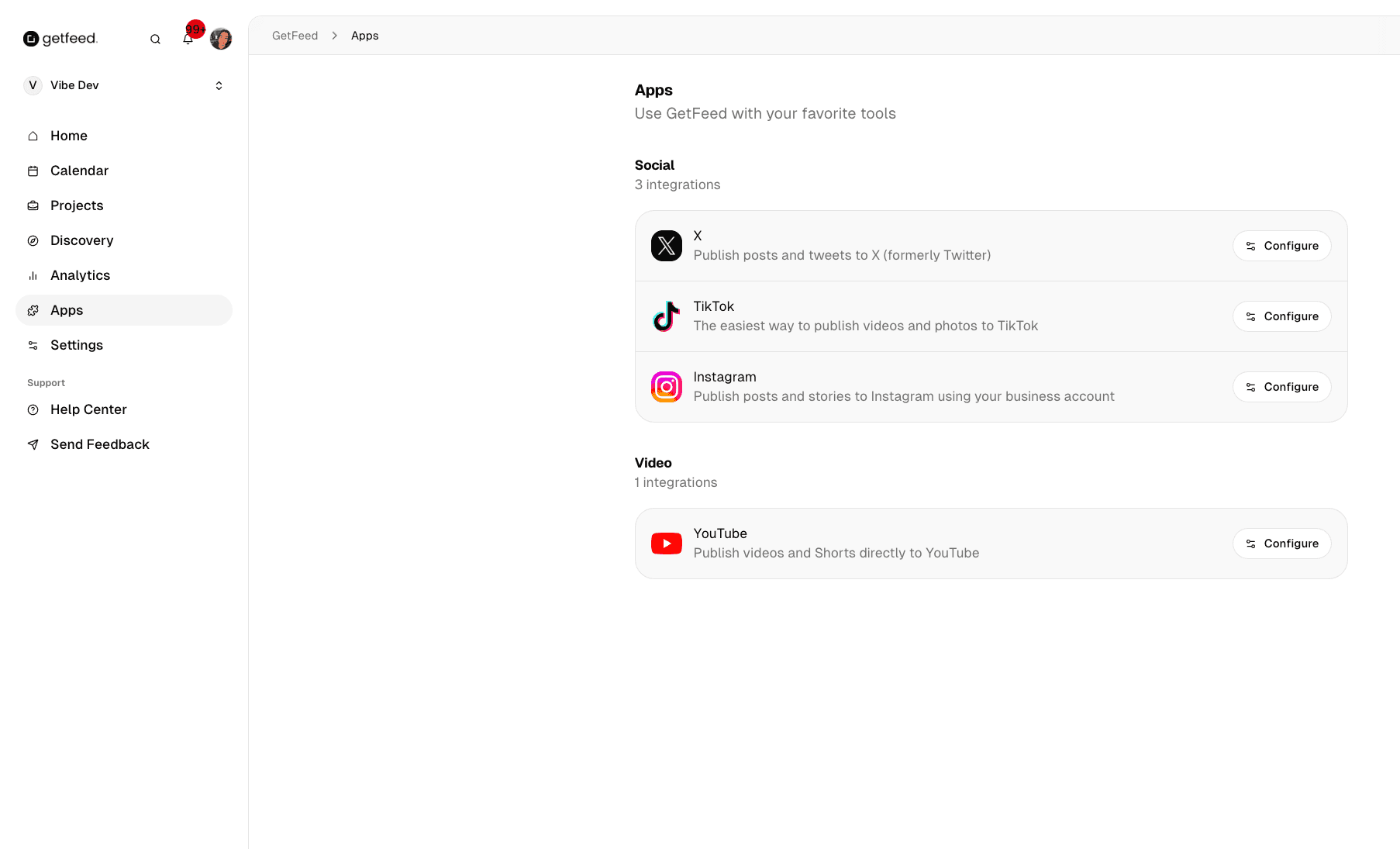 Apps page showing available social media integrations