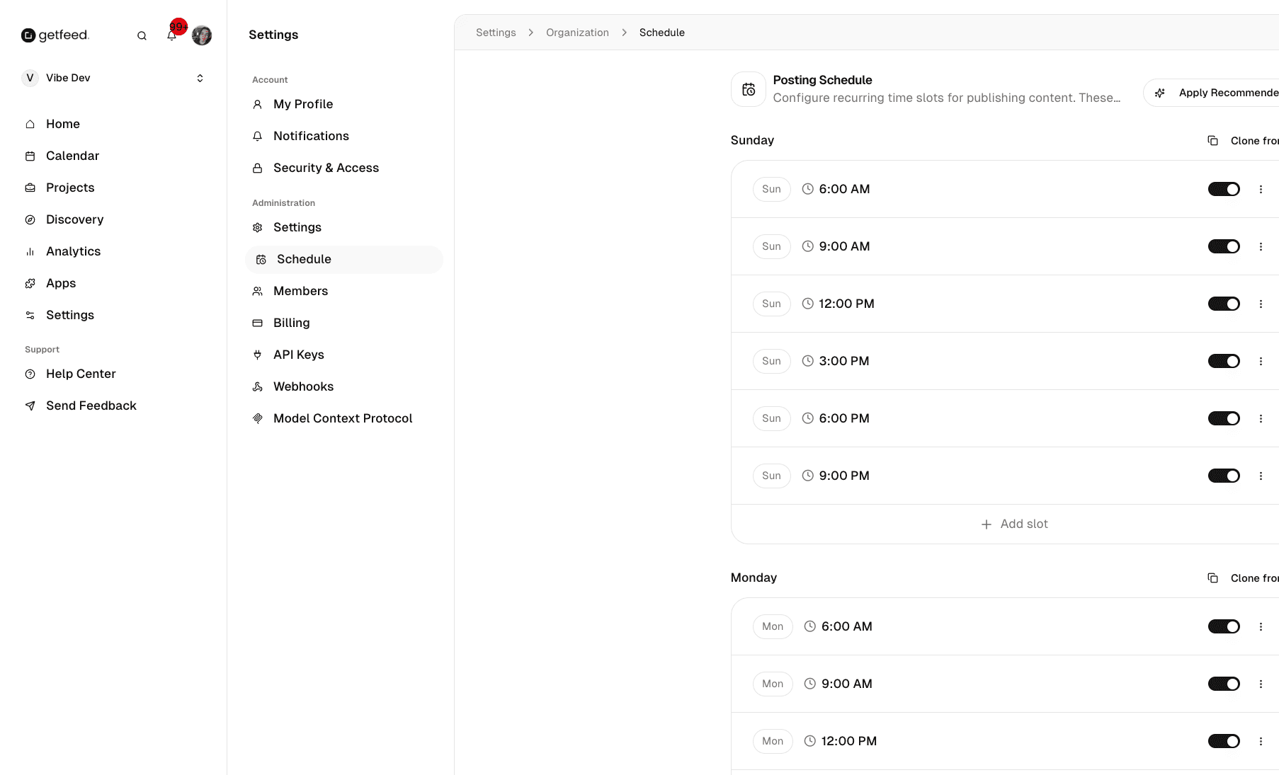 GetFeed Posting Schedule Configuration