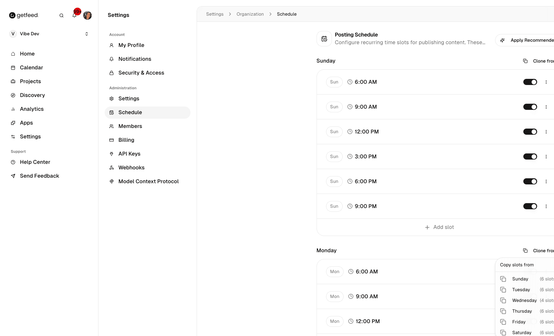 Clone from menu showing available days