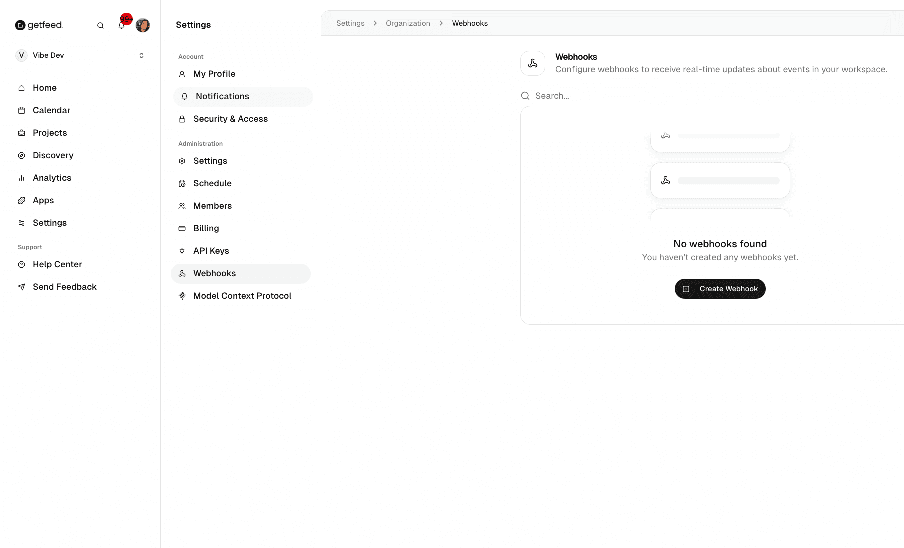 Webhooks page showing webhook configuration interface